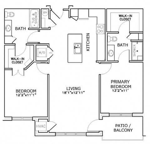 Floor plan for 2 beds, 2 baths, 1053 sqft
